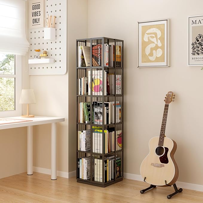 Square Rotating Bookshelf Tower - 360 Spinning Display Corner Bookcase for Narrow Space, Modern 5-Tier Revolving Storage Shelf, Black