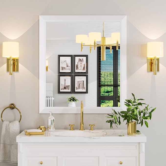 Amorho Bathroom Mirror, 36x32 Inch White Framed Bathroom Mirrors for Over Sink, Wall-Mounted Mirrors for Bedroom, Living Room, Entryway(Horizontal/Vertical).