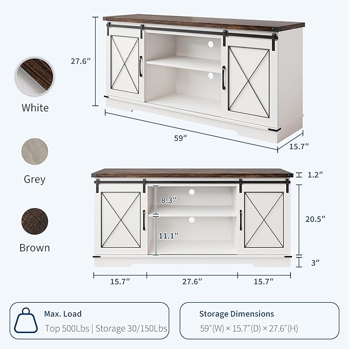 GarveeHome Farmhouse TV Stand for TV up to 65 Inches and Entertainment Center with Sliding Barn Doors, Tv Media Console Table with Storage Cabinet for Living Room, Bedroom, White & Brown