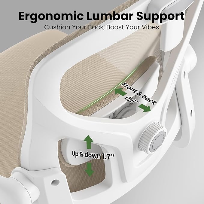 Ergonomic Office Chair, Comfy Home Office Chair High Back Computer Chair with Headrest, Adjustable Back Support, Flip-Up Arms, 90-120° Tilt and Wide Cushion, Up to 300lbs, Khaki+White