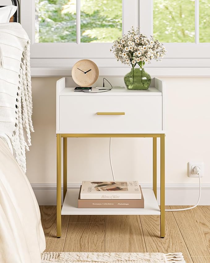 Nightstand with Charging Station,3-Tier Bedside Table for Small Space,Modern Night Stand with Storage Drawer and Shelf,Small Side Table for Bedroom,Living Room,White