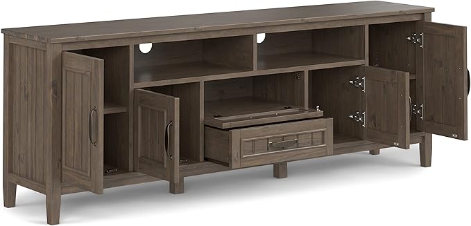 SIMPLIHOME Lev SOLID WOOD 72 Inch Wide Contemporary TV Media Stand in Smoky Brown for TVs up to 80 Inches, For the Living Room and Entertainment Center