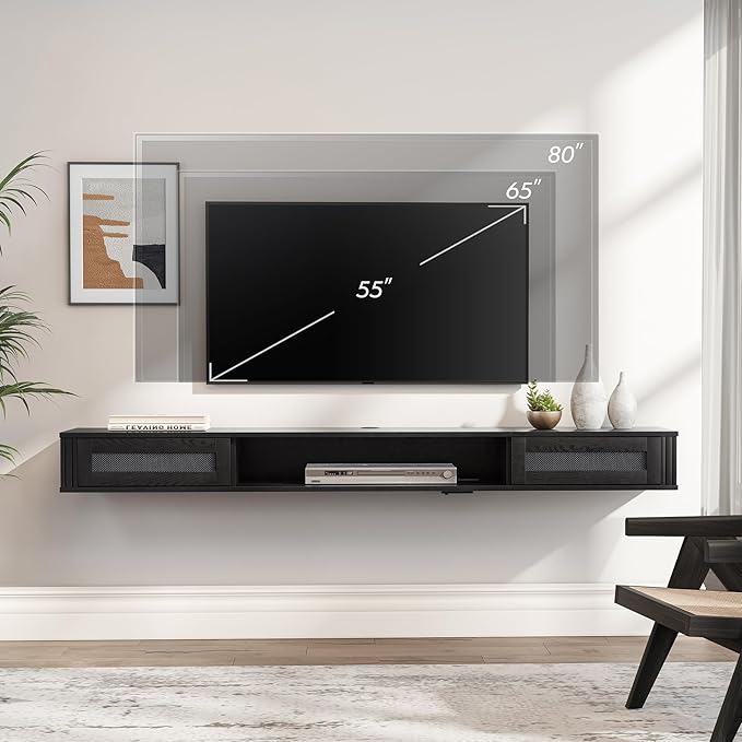 WAMPAT Floating TV Stand Shelf with Power Outlet, Mid Century Modern Wall Mount Shelf for TVs up to 80",Media Console TV Cabinet with 2 Rattan Doors