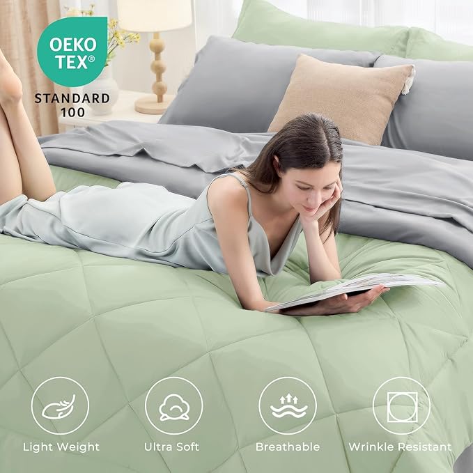 HEVUMYI Twin Comforter Set - 5-Piece All Season Bed in a Bag Twin, Ultra Soft Bedding Set with Comforter, Flat Sheet, Fitted Sheet, Pillowcases, Pillow Shams, Sage Green & Light Grey