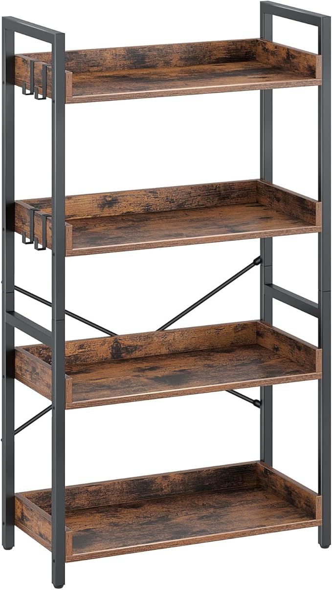Rolanstar Bookshelf 4 Tier with 4 Hooks, Industrial Bookcase, Vintage Storage Rack with Open Shelves, Rustic Standing Bookshelves Metal Frame Display Rack for Living Room, Bedroom, Rustic Brown