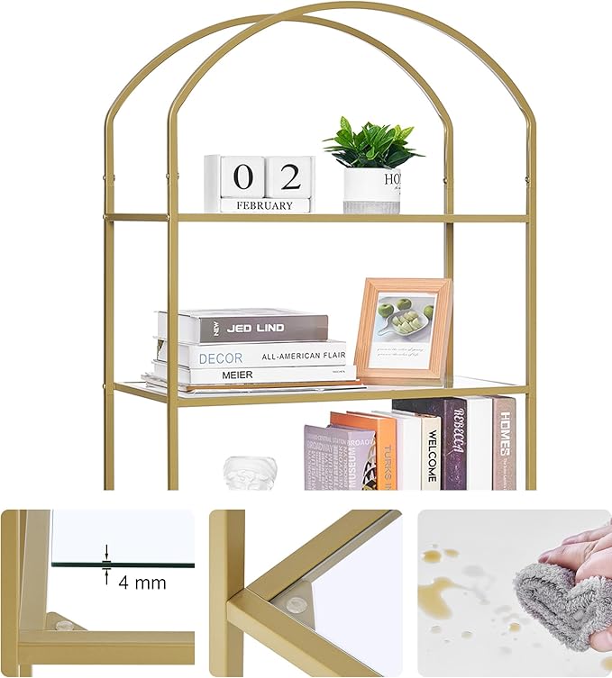Homhedy Bookshelf Arched Display Racks,Metal Bookcase,Tempered Glass Shelves,Storage Rack Shelf for Home Office,Living Room,Bedroom, Bathroom,Modern Style (Golden, 11.8" D x 23.6" W x 73.6" H)
