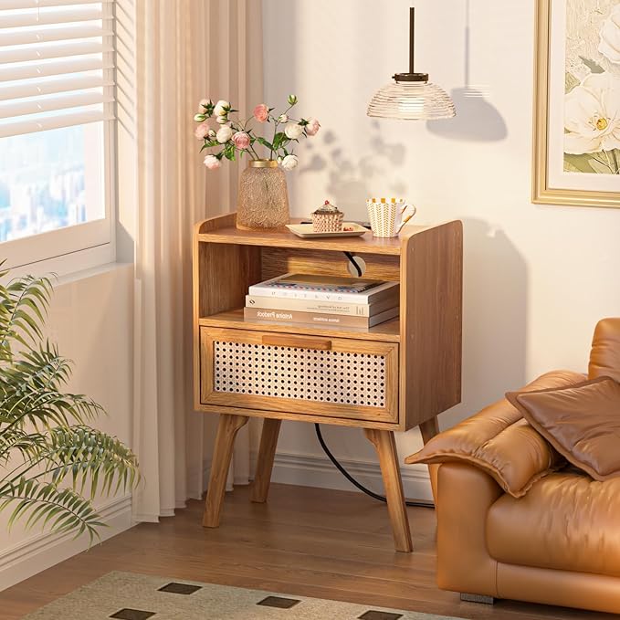 Lerliuo Rattan Nightstand with Charging Station, Side Table with Drawer, Cane Accent Bedside End Table with Solid Wood Legs, Night Stand for Bedroom, Dorm and Small Spaces (Tea Brown)