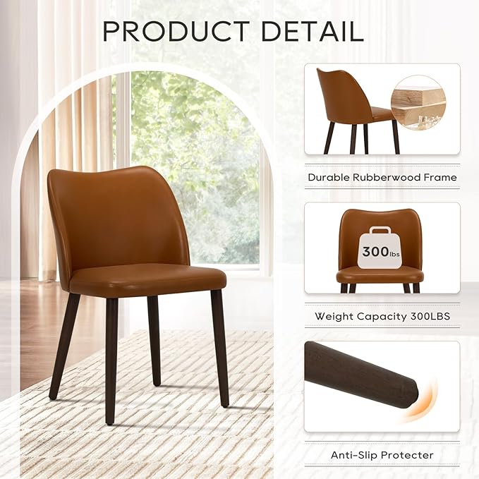 COLAMY Upholstered Dining Chairs Set of 6, Modern PU Leather Dining Room Kitchen Side Chair with Padded Seat and Wood Legs Restaurant/Cafe,Light Brown