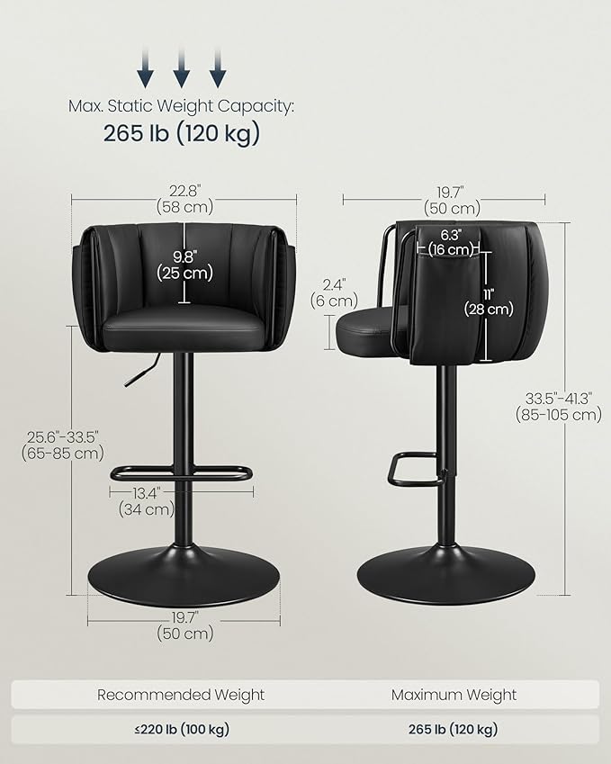 SONGMICS Home 360° Swivel Bar Stools Set of 2, Height Adjustable Barstools with Curved Back, Upholstered Counter Bar Stools with Footrest, Large Base, for Kitchen Island, Modern, Ink Black ULJB103B01