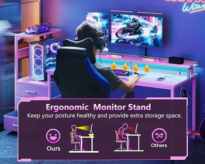 AODK 59 Inch Gaming Desk with USB Charging Ports & LED Light- Reversible Computer Desk with Storage Shelves & Monitor Stand, Modern Gamer Desk Table with Fabric Drawers & Side Hook, Carbon Fiber Pink