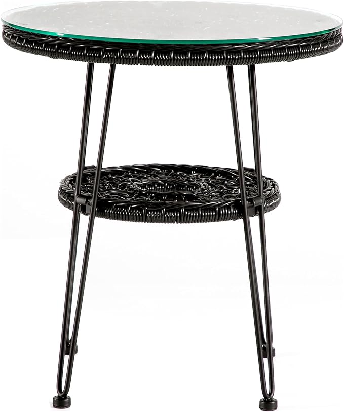 Muse & Lounge Co. Ysar Boho 19-inch Round Coffee Table Outdoor with Tempered Glass Top and Metal Frame, Handcrafted Coastal Furniture for Patio, Poolside, Garden, Yard, Black