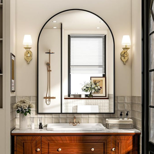 Arch Bathroom Mirror, 24x36 inch Arched Bathroom Mirror/Wall Mounted Vanity Mirror - Arch Metal Frame Wall Mirror for Bathroom Bedroom Living Room, Black