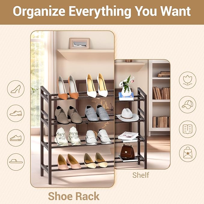 Haddockway Bamboo Shoe Rack for Closet, Free Standing Shoe Organizer with Smooth Round Rods & Convenient Handles, Stackable Shoe Storage Shelf for Entryway, Hallway(Brown, 4-Tier)