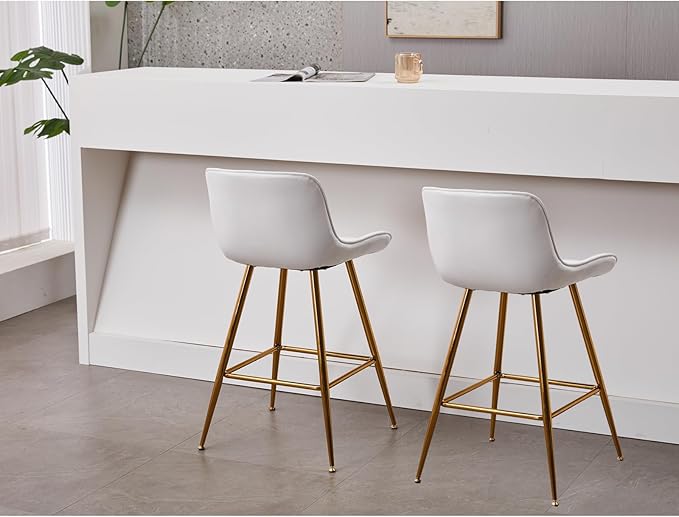Sidanli Gold Barstools Set of 2, White Bar Stools with Gold Legs, Velvet Stools for Kitchen Island, 24inch Luxury Barstools with Adjustable Footrests