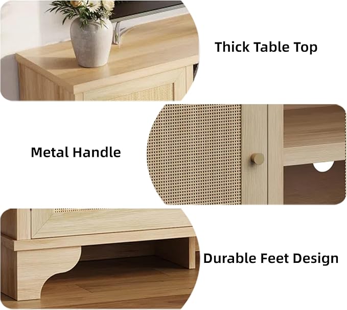 GarveeHome Rattan TV Stand for Living Room, Boho Entertainment Center for 55, 65, 70 Inch TV, Wooden Console Cabinet with Storage and Shelf, Natural Oak