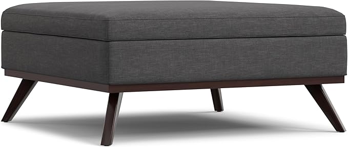 SIMPLIHOME Owen 40 inch Wide Mid Century Modern Square XL Coffee Table Storage Ottoman in Slate Grey Polyester Fabric, Assembled, for The Living Room, Entryway and Family Room