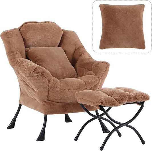 Lazy Chair with Ottoman, Reading Chair with a Pillow, Leisure Sofa Armchair with Ottoman, Large Accent Lounge Chair for Bedroom, Living Room, Dorm Room, Plush Brown