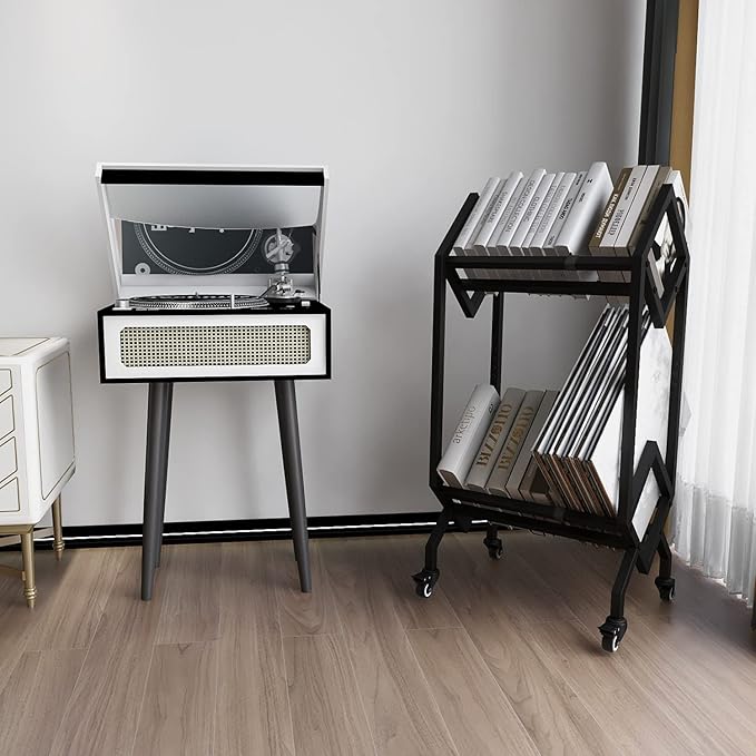 VEDECASA Bookshelf Book Rack Industrial Metal Bookcase 2 Tier Holder with Wheels Modern Stylish Design Magazines Files Album Recipe Book Storage Organizer for Sofa End Bed Beside