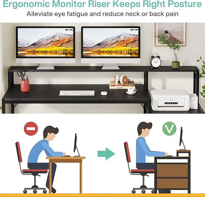 Tribesigns 63 Inch Computer Desk with File Drawer Cabinet, Ergonomic Office Desk with Monitor Stand, Industrial Computer Table with Printer Space, Wood PC Table Workstation Desks for Home Office