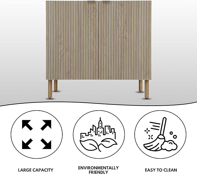 Sango Merk 2-Door Cabinet, Modern Brown Storage Cabinet with Vertical Groove Doors, Adjustable Shelf, Cylindrical Wood Legs, Discreet Metal Finger Pulls, Stylish Furniture for Living or Dining Room
