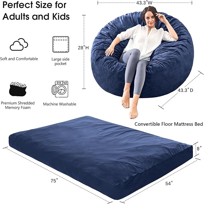 Bean Bag Chairs for Adults - Giant Bean Bag Chair Convertible Bean Bag Bed - Beanbag Chair with Micro Fiber Cover/Furniture Foam Filler - Floor Couch Sofa in Bedroom Dorm Room - Full Navy Blue