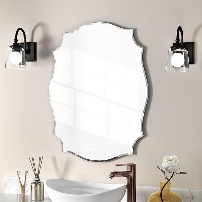 KOHROS Scalloped Beveled Edge Bathroom Mirrors for Over Sink 18" x 24" Silver Frameless Wall Mirror for Bathroom Vanity Entryway