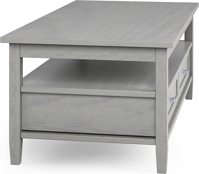SIMPLIHOME Warm Shaker Coffee Table - 48 inch Wide Solid Wood Cocktail Table in Fog Grey, Transitional Living Room Table with 2 Storage Drawers and Open Shelf for Sitting Area or Lounge