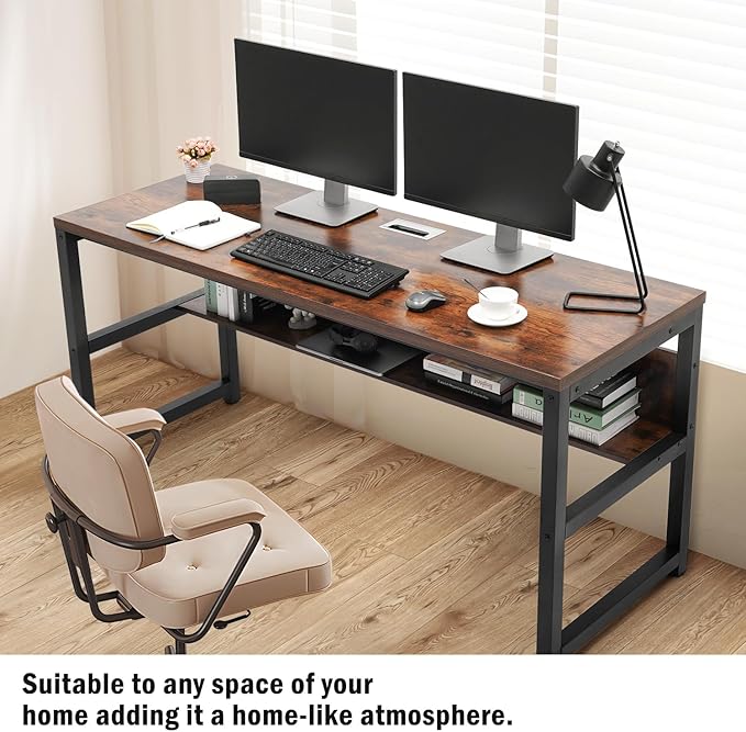 TOPSKY Computer Desk with Bookshelf/Metal Hole Cable Cover 1.18" Thick Desk (Oak Brown, 63")