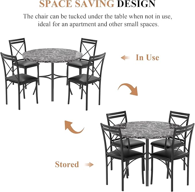 VECELO 5 Piece Dining Table Set for 4, Faux Marble Dinette with Chairs for Kitchen, Breakfast Nook, Small Space, Dark Black