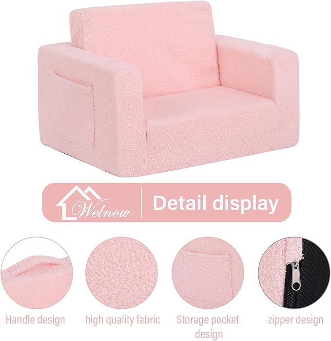 Welnow Toddler Chair, 2-in-1 Soft Sherpa Kids Sofa, Convertible Toddler Couch Lounger, Flip Out Kids Couch Chair with Side Pockets & Removable Cover for Girls and Boys, Pink