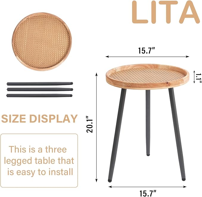 LITA Rattan Log Desktop Round Side End Table, Nightstand/Small Tables, Indoor Outdoor Wooden Tray Table with Metal Stand End Table for Living Room Bedroom Office Small Spaces