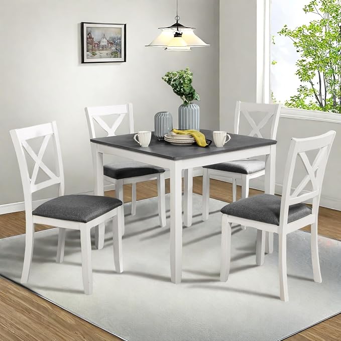 Dining Table Set for 4, 5-Piece Kitchen Table & Chairs Set with Square Table & 4 Fabric Upholstered Chairs, 34.5'' Dinner Set with X-Shaped Backrest & Non-Slip Feet for Kitchen, White&Gray
