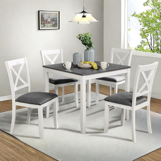 Dining Table Set for 4, 5-Piece Kitchen Table & Chairs Set with Square Table & 4 Fabric Upholstered Chairs, 34.5'' Dinner Set with X-Shaped Backrest & Non-Slip Feet for Kitchen, White&Gray