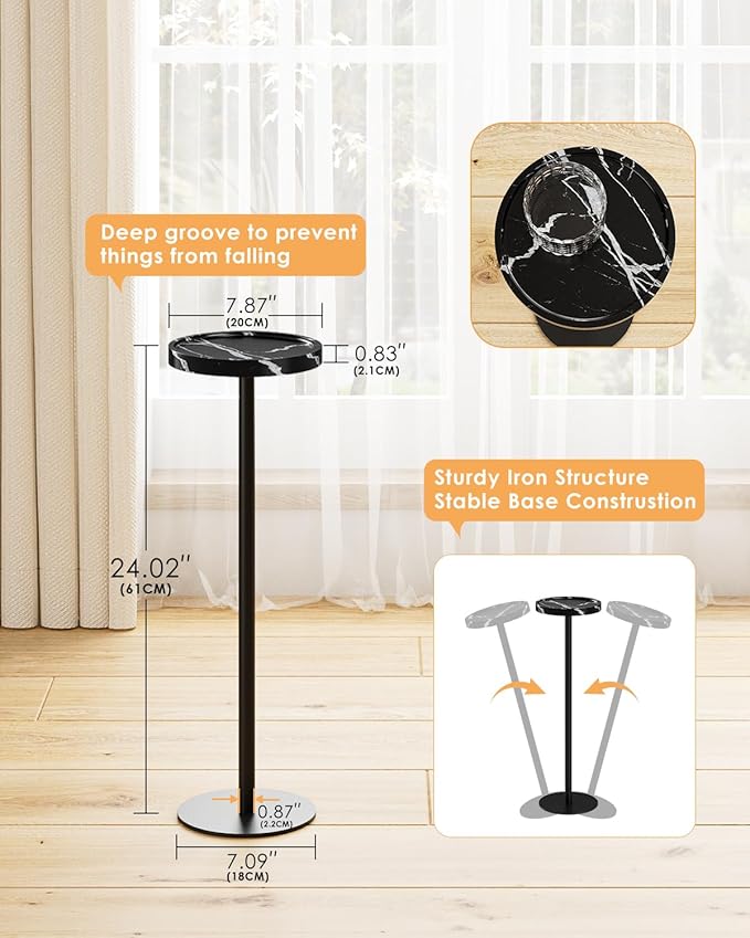 Drink Table, Small Pedestal Side Table, Round Cocktail Table, Circle Accent End Table with Metal Base, for Small Spaces (2, Black Marble)