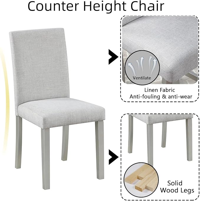 Dining Table Set for 4, 5-Piece Dining Room Table Set with Rectangular Crystal Decoration Table & 4 Upholstered Backrest Chairs, Counter Height Kitchen Sets with MDF Tabletop, Silver Gray