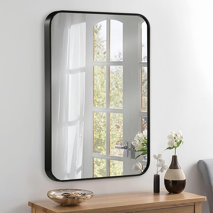 22x30 Inch Black Wall Mirror for Bathroom, Brushed Metal Framed Mirror with Rounded Corner, Rectangle Bathroom Vanity Mirror for Bedroom or Living Room, Horizontal/Vertical