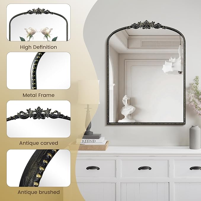 WallBeyond Gold Vintage Arched Wall Mirror, 24x32 Inch, Black Iron Frame, Bathroom, Living Room, Entryway