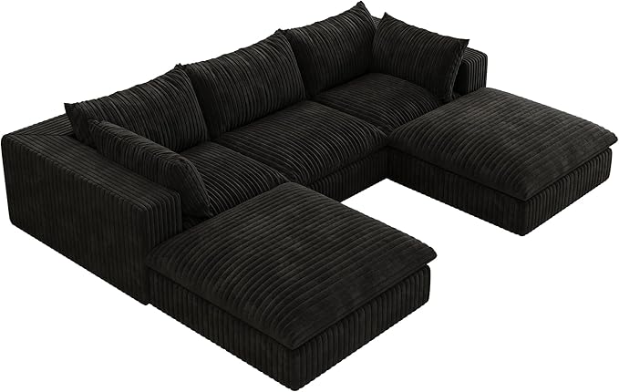 Down Filled Boneless Sectional Sofa Cloud Couch with Movable Ottomans, 118 inch Convertible U Shaped Lounge Couch w/Deep Seat, Fluffy Corduroy Upholstered Compress Modular Sofa