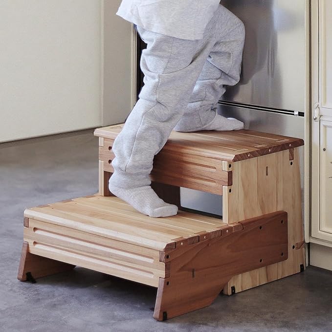 16" Wooden Two Step Stool for Adult & Kid, Wider, Deeper & Safer Bedside Steps, Anti-Slip. Riser 2-Step Spa & Hot Tub Stairs for Pool, Heavy Duty for Kitchen, Bathroom, Closet, High Bed Step