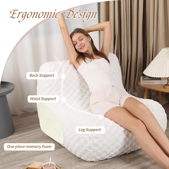 Bean Bag Chairs for Adults, Comfy Floor Sofa with Memory Foam, Giant Bean Bag Couch for Living Room Bedroom Dorm Office, Cream