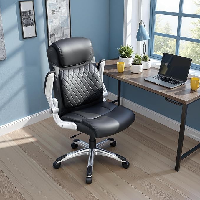 COMHOMA Big and Tall Office Chair, High Back Leather Executive Chair with Pocket Spring Lumbar Support and Flip-up Armrests, Swivel Managerial Office Chair with Adjustable Height， Black
