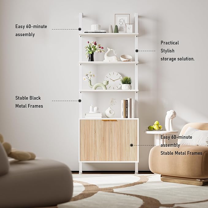 74" Tall Bookshelf with Storage Cabinet, Modern Ladder Shelf with Wood and Metal Frame, Wall Mount Bookcase Open Display Shelf Furniture for Living Room, Bedroom, Home Office, White and Oak