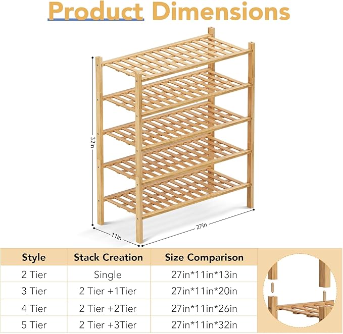 Haddockway 5 Tier Bamboo Shoe Rack Storage Organizer, Multifunctional Free Standing Stackable Shoe Shelf with Grid Panel for Closet,Hallway,Entryway,Small Space 27"x11"x32" (Natural, 5 Tier)