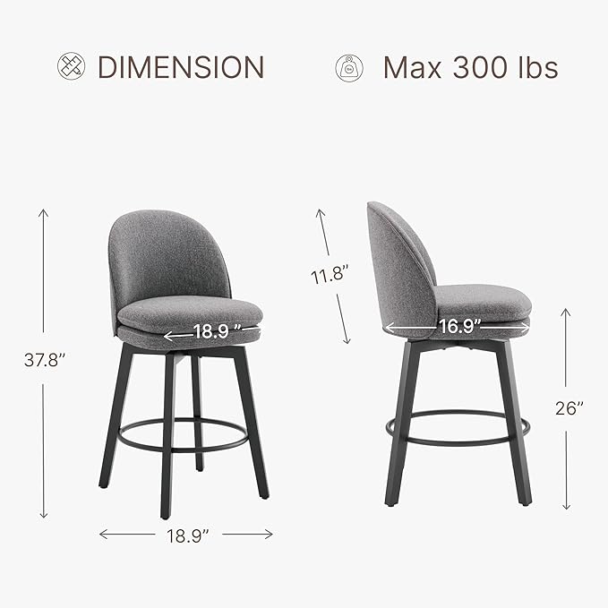 Counter Height Barstools 26 inch Upholstered Swivel Bar Stools with Back and Wood Legs for Kitchen Island,Set of 2,Dark Grey Fabric-Armless