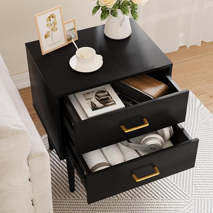 Black Nightstand with 2 Drawers,Tall Modern Night Stand Black, Wooden Night Stands for Bedroom, Bed Side Table, End Table, Gold Handle