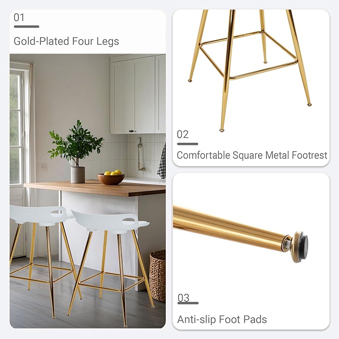 Sidanli Bar Stools Set of 2, Gold Bar Stools, Counter Height Stools with Leather Padded Seats and Footrests, 26 Inch White Barstools for Kitchen Island, Farmhouse or Home Bar