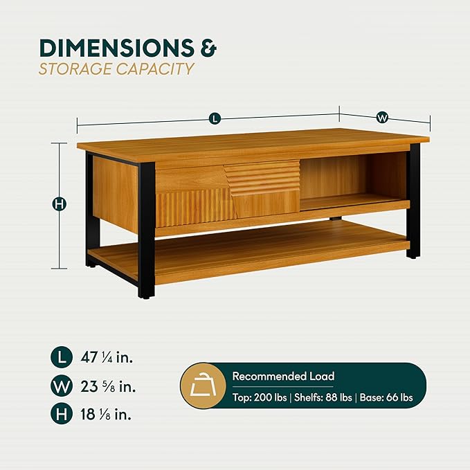 Bme Trapeze Coffee Table for Living Room – Modern Wooden Center Table with Storage, Metal Legs, Large Teak Brown Coffee Table for Stylish Living Room Furniture Setup