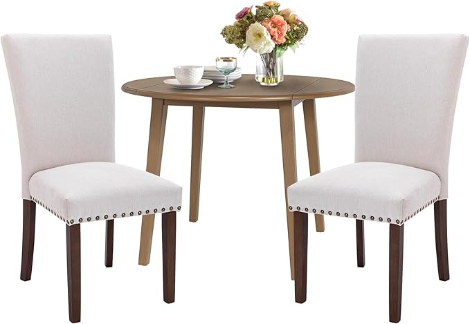 COLAMY 3-Piece Extendable Dining Set for 2, 36" Kitchen Round Wood Table with 2 Nailhead Dining Room Chairs,Light Brown/Beige