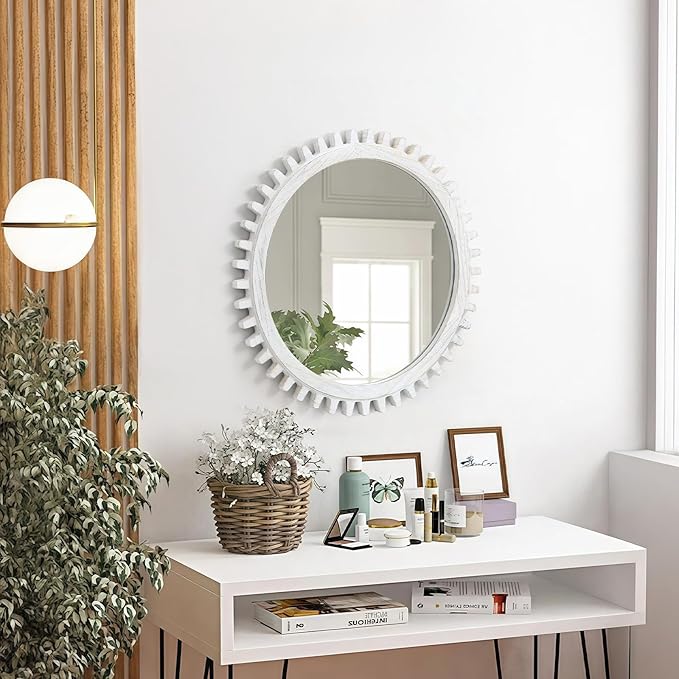 ULIKE Round Wood Mirror, 24 Inch Rustic Farmhouse Circle Mirror with Wooden Frame, Mordern Wall Decor for Bathroom Nursery Bedroom Living Room Entryway, White