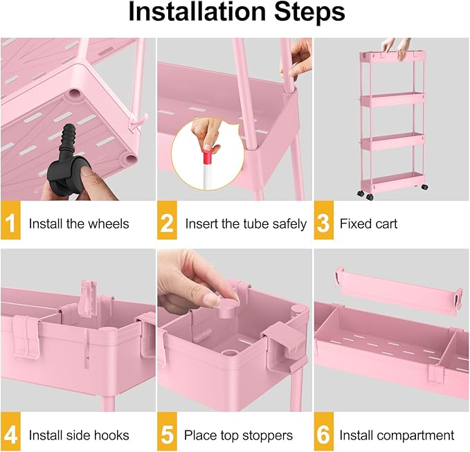 SPACELEAD Slim Storage Cart 4 Tier,Bathroom Organizer Rolling Utility,Mobile Shelving Unit Slide Out for Office, Kitchen, Laundry Room & Narrow Places,Pink